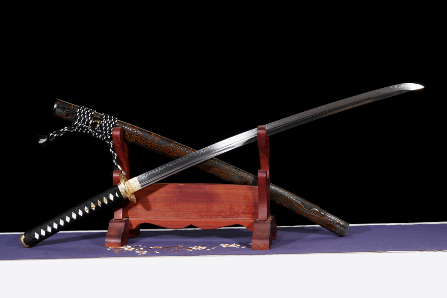 三色铜“青龙刀盘”武士刀（黑檀